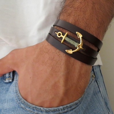 Brown Leather Triple-Wrap Men's Bracelet with 24k Gold-Plated Anchor with Teal Thread by Gal Cohen