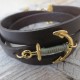 Brown Leather Triple-Wrap Men's Bracelet with 24k Gold-Plated Anchor with Teal Thread by Gal Cohen