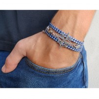 Blue and White Rope Triple Wrap Men's Bracelet with Oxidized Silver-Plated Compass Element by Gal Cohen