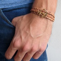 Tan Braided Leather Triple Wrap Men's Bracelet with 24k Gold-Plated Anchor Element by Gal Cohen