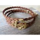 Tan Braided Leather Triple Wrap Men's Bracelet with 24k Gold-Plated Anchor Element by Gal Cohen