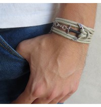 Beige Rope Triple-Wrap Men's Bracelet with Oxidized Silver-Plated Anchor Element and Black Thread by Gal Cohen