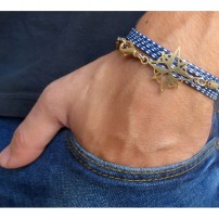  Blue and White Rope Triple-Wrap Men's Bracelet with Oxidized 24k Gold-Plated Compass Element by Gal Cohen