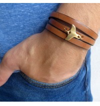  Brown Leather Triple-Wrap Men's Bracelet with Oxidized 24k Whale's Tail Element by Gal Cohen