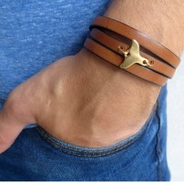  Brown Leather Triple-Wrap Men's Bracelet with Oxidized 24k Whale's Tail Element by Gal Cohen