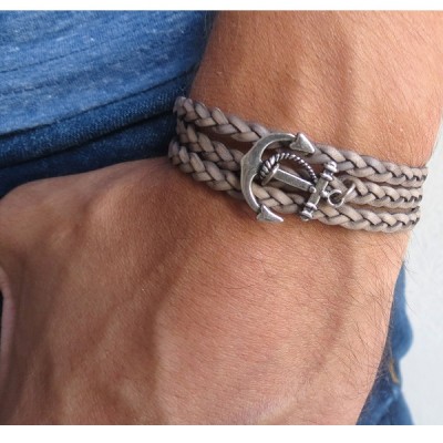   Braided Grey Leather Triple-Wrap Men's Bracelet with Oxidized Silver-Plated Anchor Element by Gal Cohen