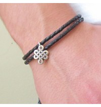 Braided Black Leather Douple Wrap Men's Bracelet with Oxidized Silver-Plated Infinity Element
