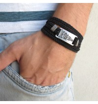  Braided Black Leather Triple Wrap Men's Bracelet with Oxidized Silver-Plated "Live Your Dream" Plaque by Gal Cohen