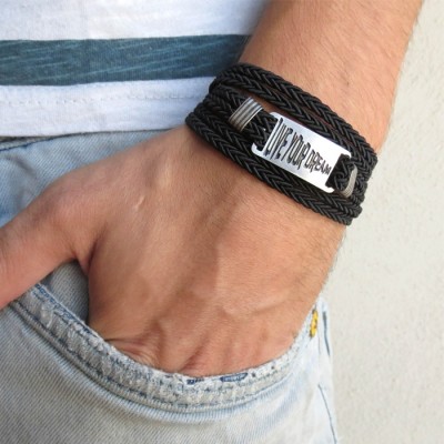  Braided Black Leather Triple Wrap Men's Bracelet with Oxidized Silver-Plated "Live Your Dream" Plaque by Gal Cohen