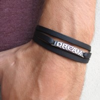 Braided Black Leather Triple Wrap Men's Bracelet with Oxidized Silver-Plated "Dream" Plaque by Gal Cohen