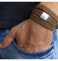   Chocolate Imitation Suede Triple Wrap Men's Bracelet with Oxidized Silver-Plated Square by Gal Cohen