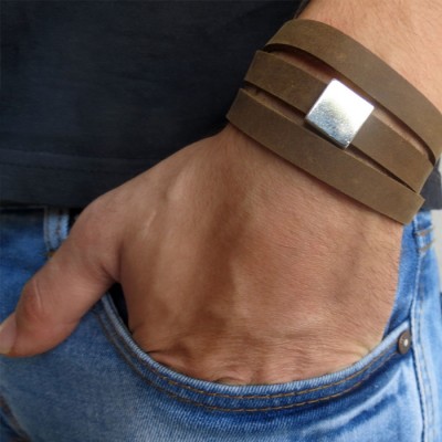  Chocolate Imitation Suede Triple Wrap Men's Bracelet with Oxidized Silver-Plated Square by Gal Cohen
