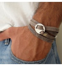  Grey Suede Triple Wrap Men's Bracelet with Oxidized Silver-Plated Circle by Gal Cohen