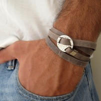  Grey Suede Triple Wrap Men's Bracelet with Oxidized Silver-Plated Circle by Gal Cohen