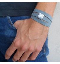   Sky Blue Suede Triple Wrap Men's Bracelet with Oxidized Silver-Plated Square by Gal Cohen