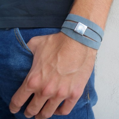   Sky Blue Suede Triple Wrap Men's Bracelet with Oxidized Silver-Plated Square by Gal Cohen