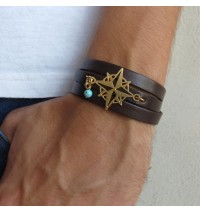  Chocolate Leather Triple Wrap Men's Bracelet with 24k Gold-Plated Compass and Turquoise Bead by Gal Cohen