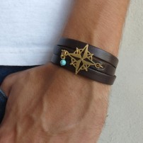  Chocolate Leather Triple Wrap Men's Bracelet with 24k Gold-Plated Compass and Turquoise Bead by Gal Cohen