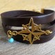  Chocolate Leather Triple Wrap Men's Bracelet with 24k Gold-Plated Compass and Turquoise Bead by Gal Cohen