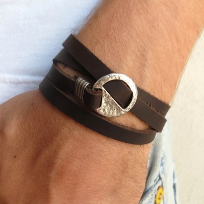  Chocolate Leather Triple Wrap Men's Bracelet with Oxidized Silver-Plated Circle by Gal Cohen