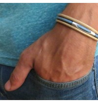  Beige and Sky Blue Triple Layer Men's Bracelet with Oxidized Silver-Plated Element by Gal Cohen