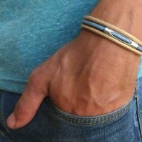  Beige and Sky Blue Triple Layer Men's Bracelet with Oxidized Silver-Plated Element by Gal Cohen