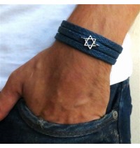 Blue Rope Triple Wrap Men's Bracelet with Oxidized Silver-Plated Star of David Element
