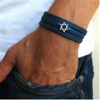 Blue Rope Triple Wrap Men's Bracelet with Oxidized Silver-Plated Star of David Element