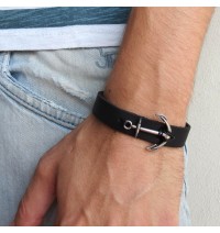  Black Leather Men's Bracelet with Oxidized Silver-Plated Anchor Element