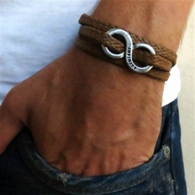 Tan Rope Triple Wrap Men's Bracelet with Oxidized Silver-Plated Infinity Element