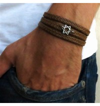 Tan Rope Triple Wrap Men's Bracelet with Oxidized Silver-Plated Star of David Element