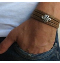 Tan Rope Triple Wrap Men's Bracelet with Oxidized Silver-Plated Quadruple Infinity Element