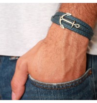 Blue Rope Triple Wrap Men's Bracelet with Oxidized Silver-Plated Anchor Element