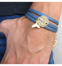 Blue Rope Triple Wrap Men's Bracelet with 24k Gold-Plated Coin & Whale's Tail Element
