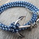 White and Blue Rope Triple Wrap Men's Bracelet with Oxidized Silver-Plated Anchor Element