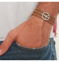 Tan Rope Triple Wrap Men's Bracelet with Oxidized Silver-Plated Peace Symbol