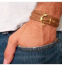 Tan Rope Triple Wrap Men's Bracelet with 24k Gold-Plated Anchor Element