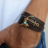   Chocolate Leather Triple Wrap Men's Bracelet with 24k Gold-Plated Anchor, Whale's Tail and Turquoise Bead