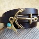   Chocolate Leather Triple Wrap Men's Bracelet with 24k Gold-Plated Anchor, Whale's Tail and Turquoise Bead