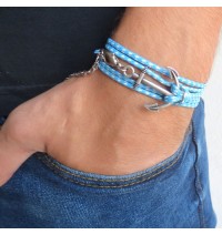 Sky Blue and White Rope Triple Wrap Men's Bracelet with 24k Gold-plated Anchor Element
