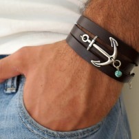   Chocolate Leather Triple Wrap Men's Bracelet with Oxidized Silver-Plated Anchor and Sky Blue Bead