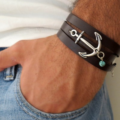   Chocolate Leather Triple Wrap Men's Bracelet with Oxidized Silver-Plated Anchor and Sky Blue Bead