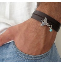  Chocolate Leather Double Wrap Men's Bracelet with Oxidized Silver-Plated Whale's Tail and Sky Blue Bead