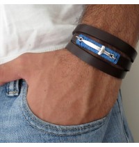 Chocolate Leather Triple Wrap Men's Bracelet with Oxidized Silver-Plated Sword and Blue Thread