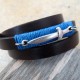  Chocolate Leather Triple Wrap Men's Bracelet with Oxidized Silver-Plated Sword and Blue Thread