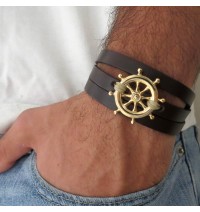  Chocolate Leather Triple Wrap Men's Bracelet with Oxidized Silver-Plated Helm Element