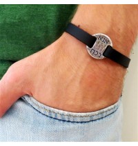 Black Leather Men's Bracelet with Oxidized Silver-Plated Kabbalistic Words