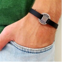 Black Leather Men's Bracelet with Oxidized Silver-Plated Kabbalistic Words