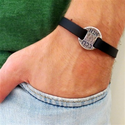 Black Leather Men's Bracelet with Oxidized Silver-Plated Kabbalistic Words