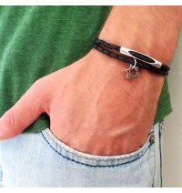 Black Leather Double-Wrap Men's Bracelet with Oxidized Silver-Plated Star of David and Cylinder